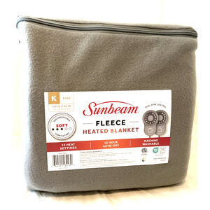 Sunbeam King Heated Blanket, Grey Fleece 12 Heat Settings, 12 Hr Auto Shut-Off